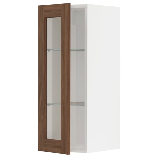 METOD - METOD Wall cabinet w shelves/glass door, white Enköping/brown walnut effect, 30x80 cm
