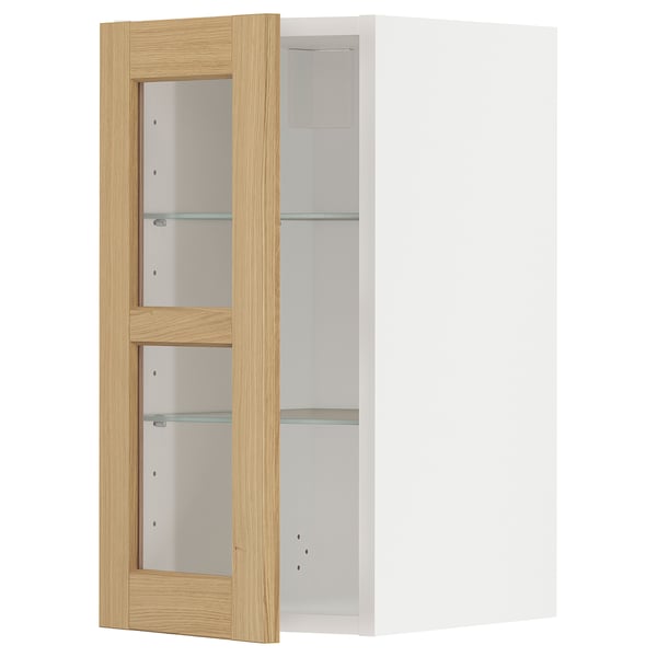 METOD wall cabinet w shelves/glass door, white/Forsbacka oak, 30.0x60.0x38.8 cm