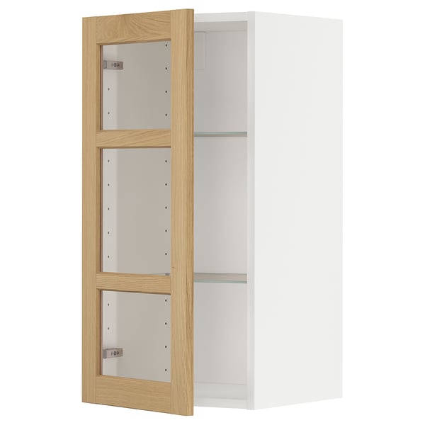 METOD wall cabinet w shelves/glass door, white/Forsbacka oak, 40x80 cm