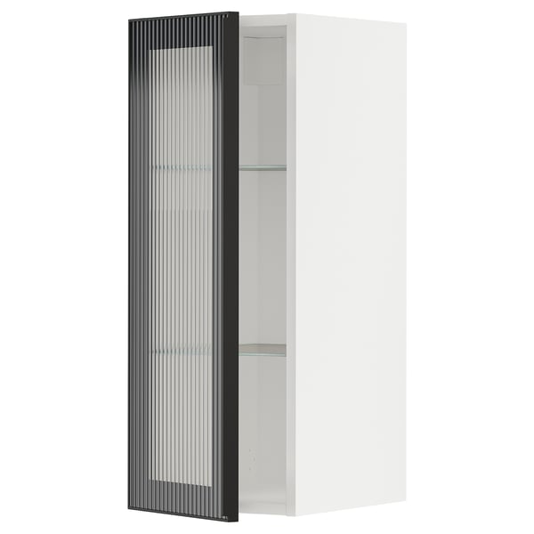 METOD wall cabinet w shelves/glass door, white/Hejsta anthracite reeded glass, 30x80 cm