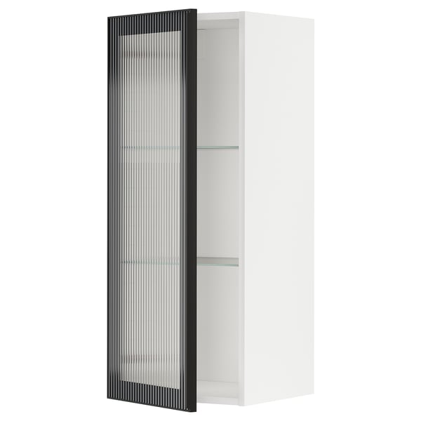METOD wall cabinet w shelves/glass door, white/Hejsta anthracite reeded glass, 40x100 cm