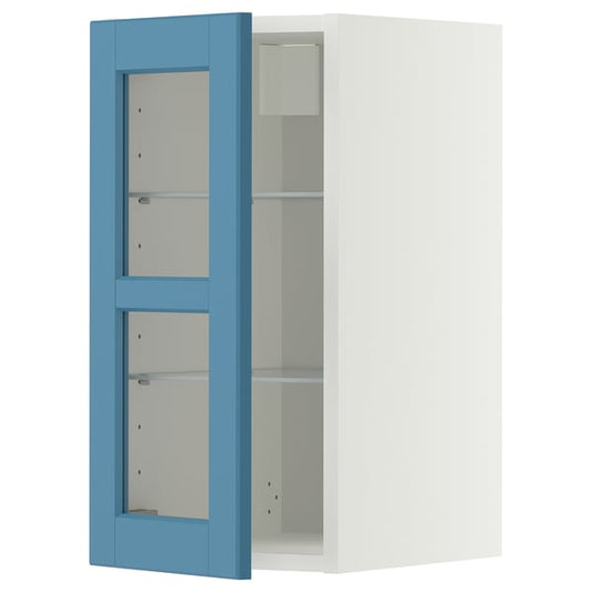 METOD wall unit with glass shelves/door, white/Lerhyttan blue, 30x60 cm