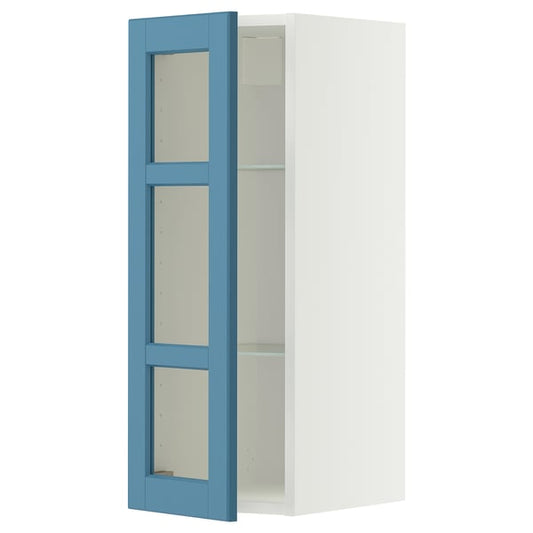 METOD wall cabinet w shelves/glass door, white/Lerhyttan blue, 30x80 cm