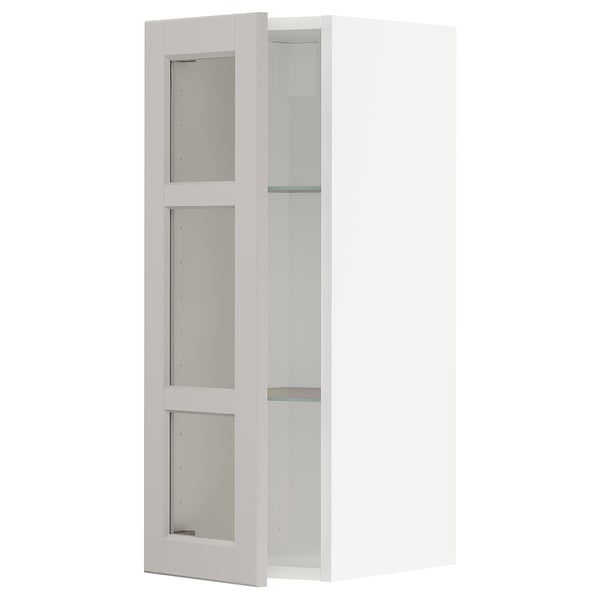 METOD wall cabinet w shelves/glass door, white/Lerhyttan light grey, 30x80 cm