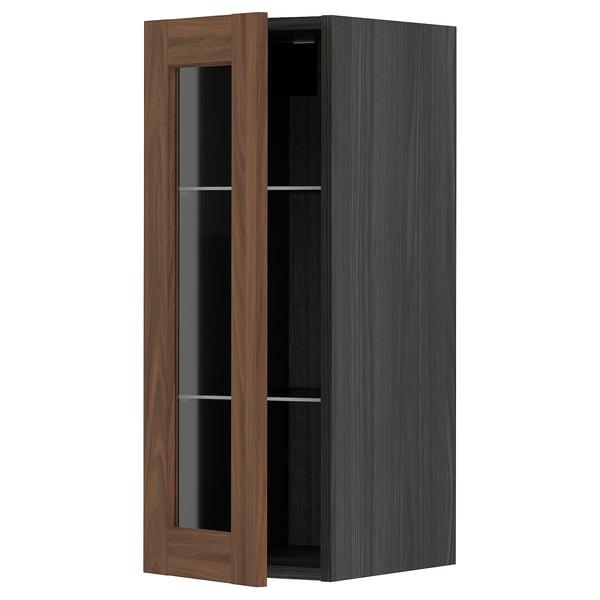 METOD - METOD Wall cabinet w shelves/glass door, black Enköping/brown walnut effect, 30x80 cm