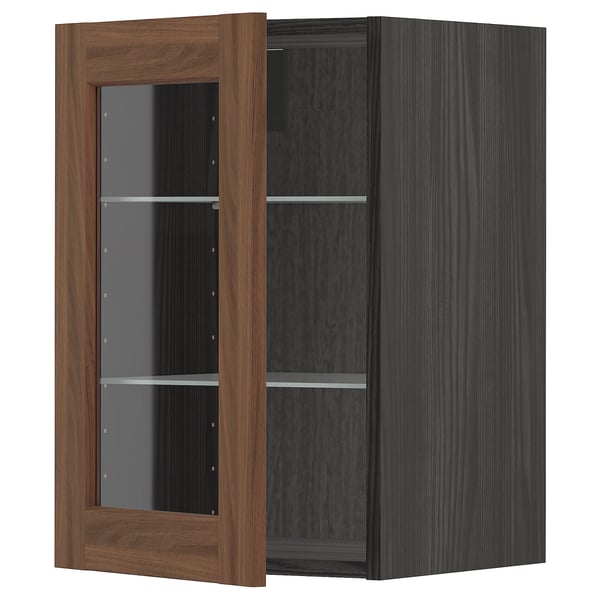 METOD - METOD Wall cabinet w shelves/glass door, black Enköping/brown walnut effect, 40x60 cm