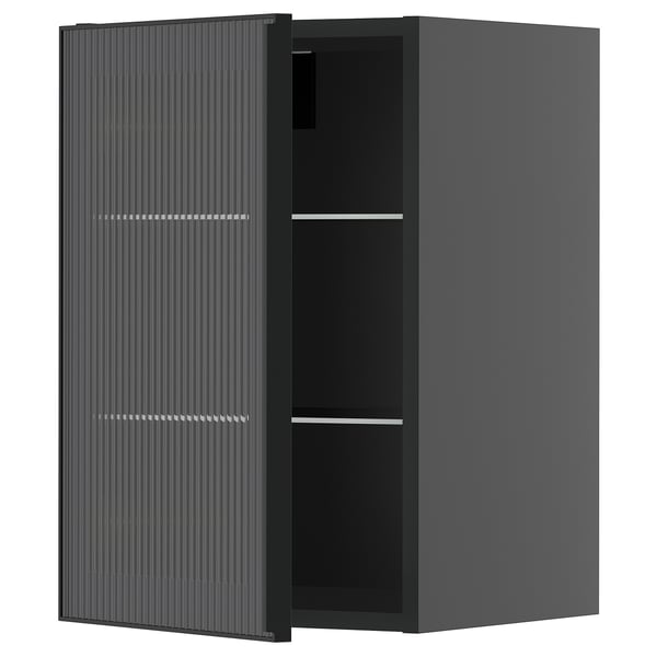 METOD wall cabinet w shelves/glass door, black-grey/Hejsta anthracite reeded glass, 40x60 cm