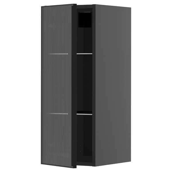 METOD wall cabinet w shelves/glass door, black-grey/Hejsta anthracite reeded glass, 30x80 cm