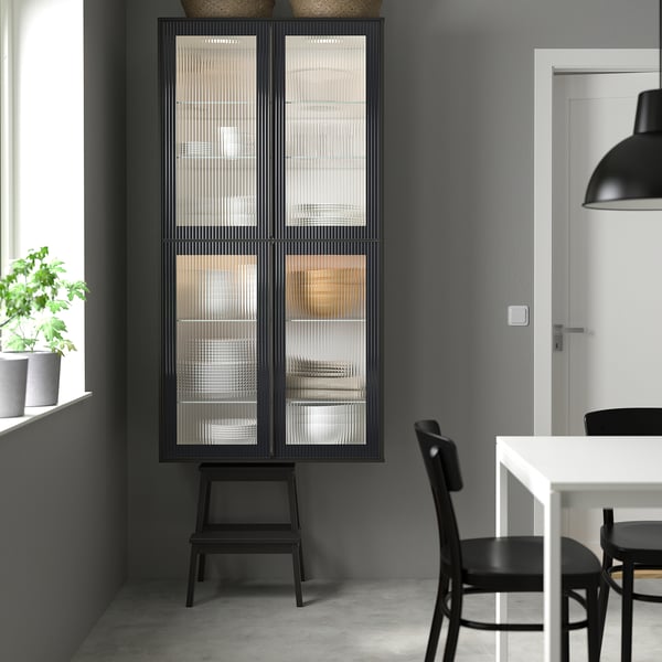 METOD - METOD Wall cabinet w shelves/glass door, black/Hejsta anthracite reeded glass, 40x100 cm