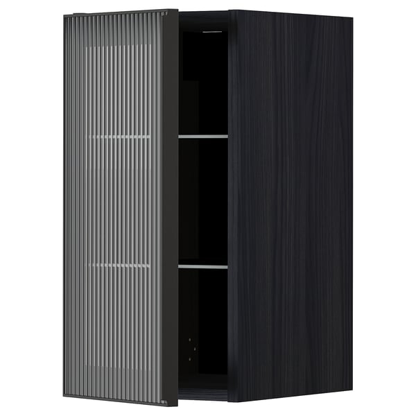METOD - METOD Wall cabinet w shelves/glass door, black/Hejsta anthracite reeded glass, 30x60 cm