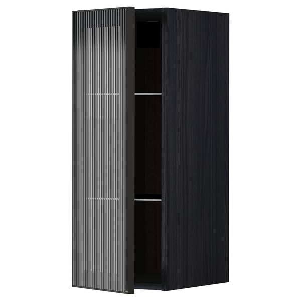 METOD wall cabinet w shelves/glass door, black/Hejsta anthracite reeded glass