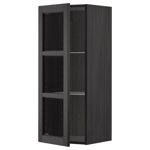 METOD - Wall cabinet w shelves/glass door, black/Lerhyttan black stained, 40x100 cm