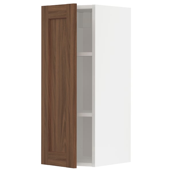 METOD wall cabinet with shelves, white Enköping/brown walnut effect, 30x80 cm