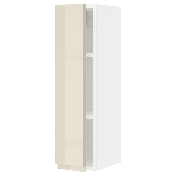 METOD wall cabinet with shelves, white/Voxtorp high-gloss light beige, 20x80 cm