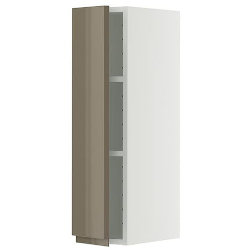 METOD wall cabinet with shelves, white/Voxtorp high-gloss dark grey-brown, 20x80 cm