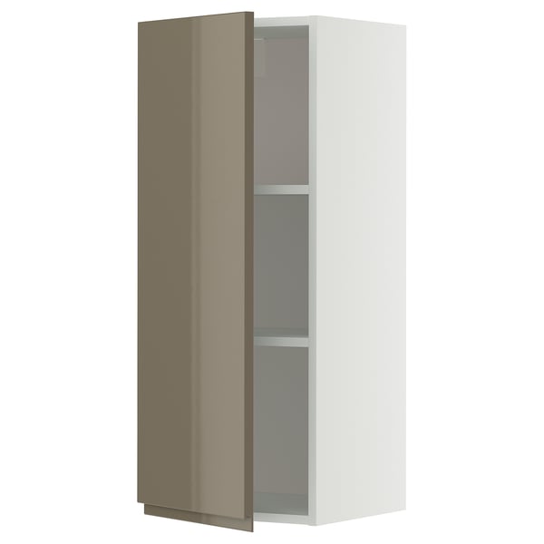 METOD wall cabinet with shelves, white/Voxtorp high-gloss dark grey-brown, 40x100 cm