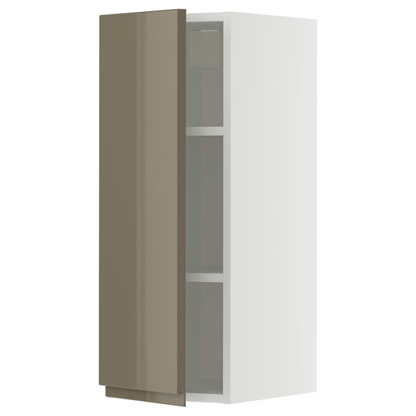 METOD wall cabinet with shelves, white/Voxtorp high-gloss dark grey-brown, 30x80 cm