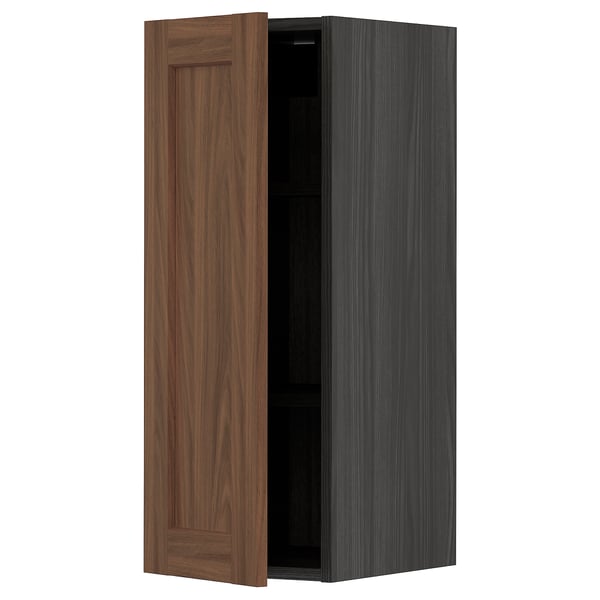 METOD wall cabinet with shelves, black Enköping/brown walnut effect