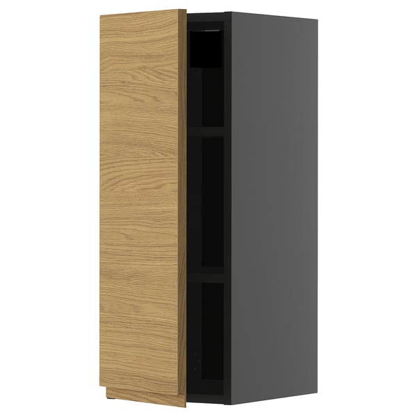 METOD wall cabinet with shelves, black-grey/Voxtorp oak effect, 30x80 cm