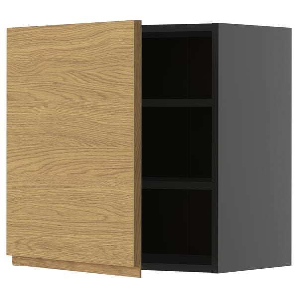 METOD wall cabinet with shelves, black-grey/Voxtorp oak effect, 60x60 cm
