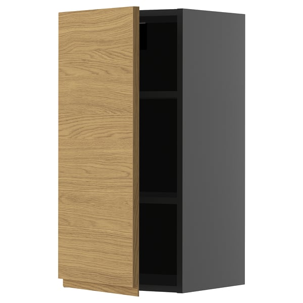 METOD wall cabinet with shelves, black-grey/Voxtorp oak effect, 40x80 cm