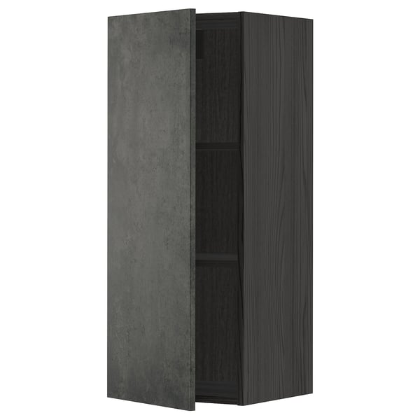 METOD wall cabinet with shelves, black/Kalhyttan dark grey concrete effect