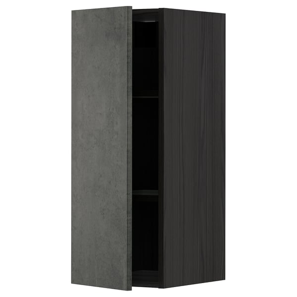METOD wall cabinet with shelves, black/Kalhyttan dark grey concrete effect