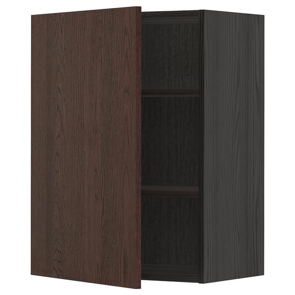 METOD wall cabinet with shelves, black/Sinarp brown