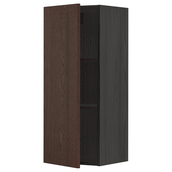 METOD wall cabinet with shelves, black/Sinarp brown