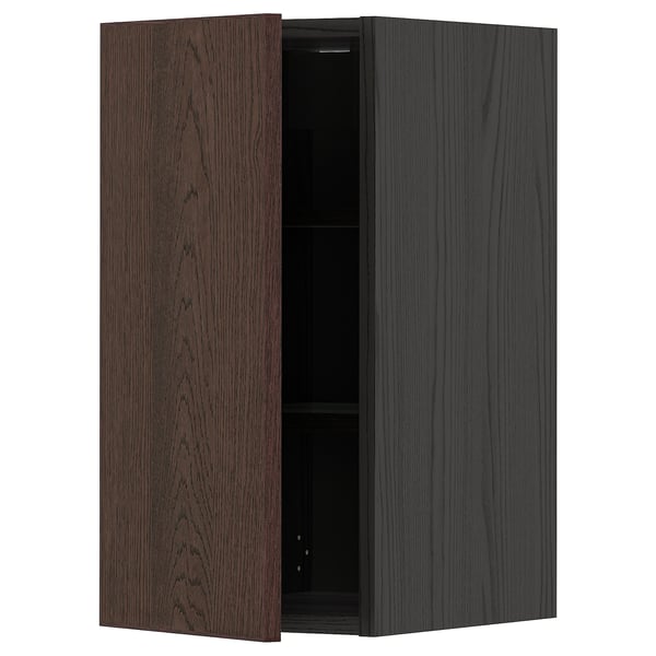 METOD wall cabinet with shelves, black/Sinarp brown