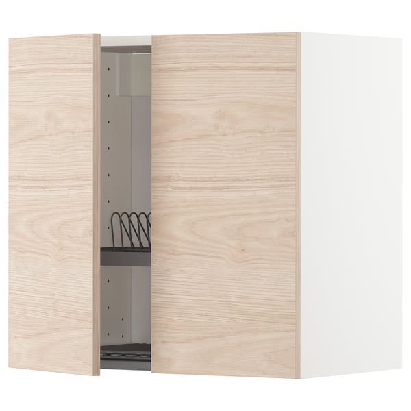 METOD wall cabinet w dish drainer/2 doors, white/Askersund light ash effect, 60x60 cm
