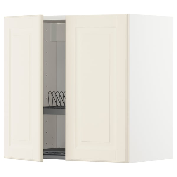 METOD wall cabinet w dish drainer/2 doors, white/Bodbyn off-white, 60x60 cm