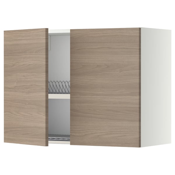 METOD wall cabinet w dish drainer/2 doors, white/Brokhult light grey