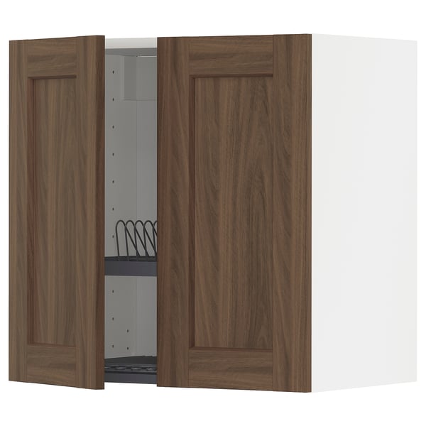 METOD wall cabinet w dish drainer/2 doors, white Enköping/brown walnut effect, 60x60 cm