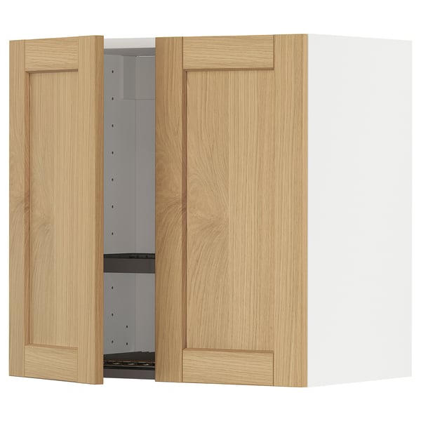 METOD wall cabinet w dish drainer/2 doors, white/Forsbacka oak, 60x60 cm