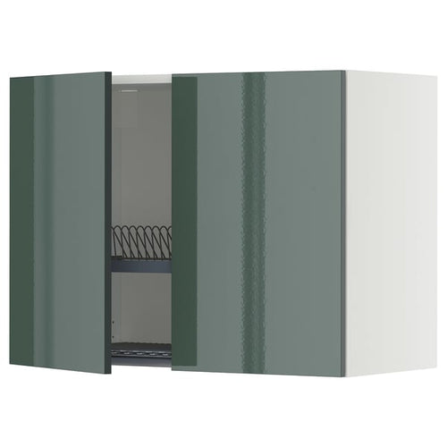 METOD wall cabinet w dish drainer/2 doors, white/Kallarp high-gloss dark grey-green, 80x60 cm