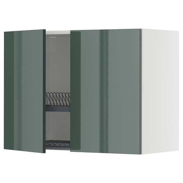 METOD wall cabinet w dish drainer/2 doors, white/Kallarp high-gloss dark grey-green, 80x60 cm