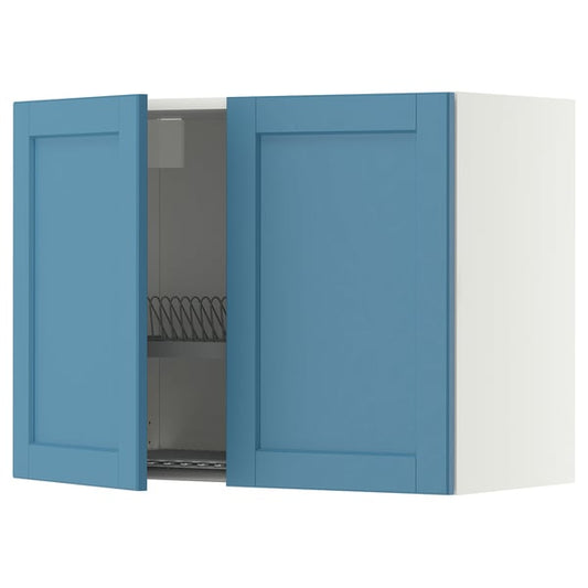 METOD wall cabinet w dish drainer/2 doors, white/Lerhyttan blue, 80x60 cm