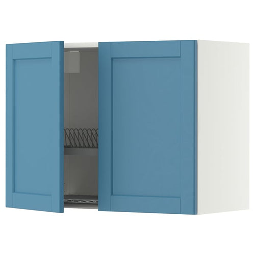 METOD wall cabinet w dish drainer/2 doors, white/Lerhyttan blue, 80x60 cm
