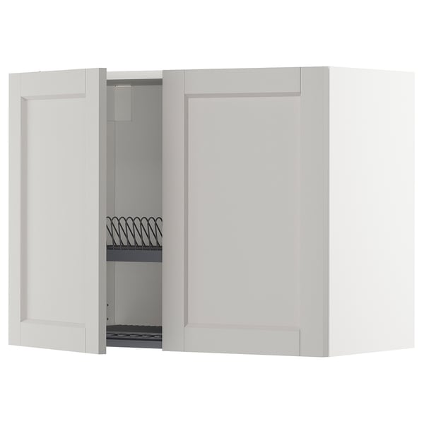 METOD wall cabinet w dish drainer/2 doors, white/Lerhyttan light grey, 80x60 cm