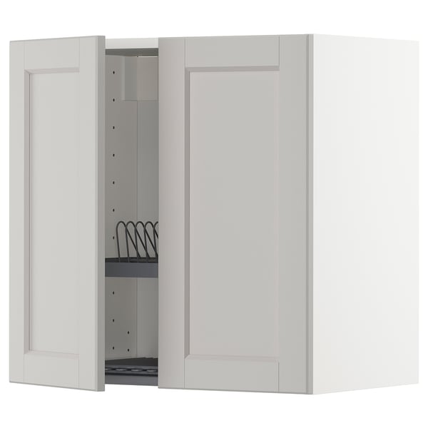 METOD wall cabinet w dish drainer/2 doors, white/Lerhyttan light grey, 60x60 cm