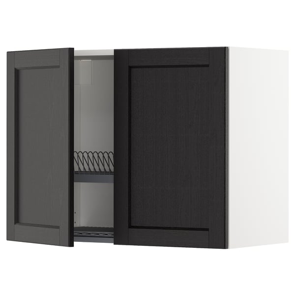 METOD wall cabinet w dish drainer/2 doors, white/Lerhyttan black stained, 80x60 cm