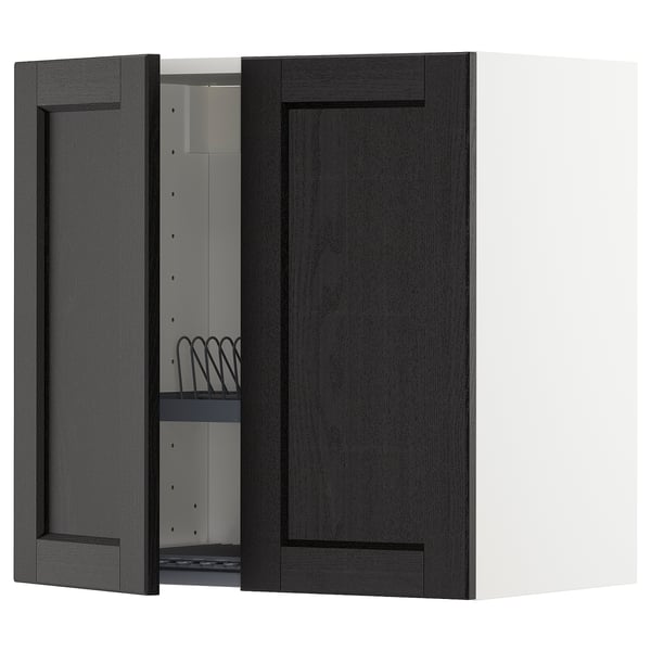 METOD wall cabinet w dish drainer/2 doors, white/Lerhyttan black stained, 60x60 cm