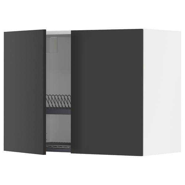 METOD wall cabinet w dish drainer/2 doors, white/Nickebo matt anthracite, 80x60 cm
