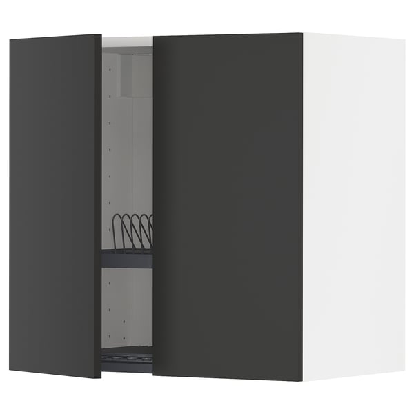 METOD wall cabinet w dish drainer/2 doors, white/Nickebo matt anthracite, 60x60 cm