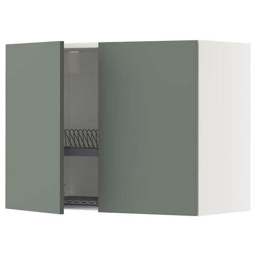 METOD wall cabinet w dish drainer/2 doors, white/Nickebo matt grey-green, 80x60 cm