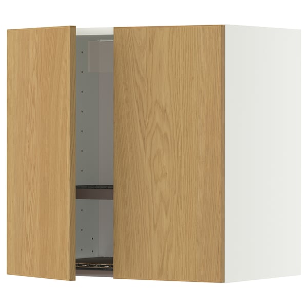 METOD wall cabinet w dish drainer/2 doors, white/Sinarp oak veneer, 60x60 cm