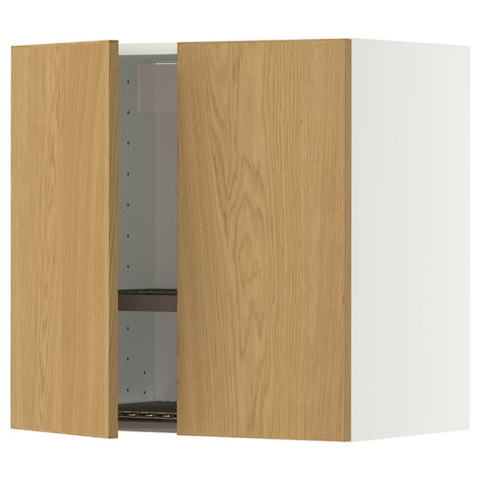 METOD wall cabinet w dish drainer/2 doors, white/Sinarp oak veneer, 60x60 cm