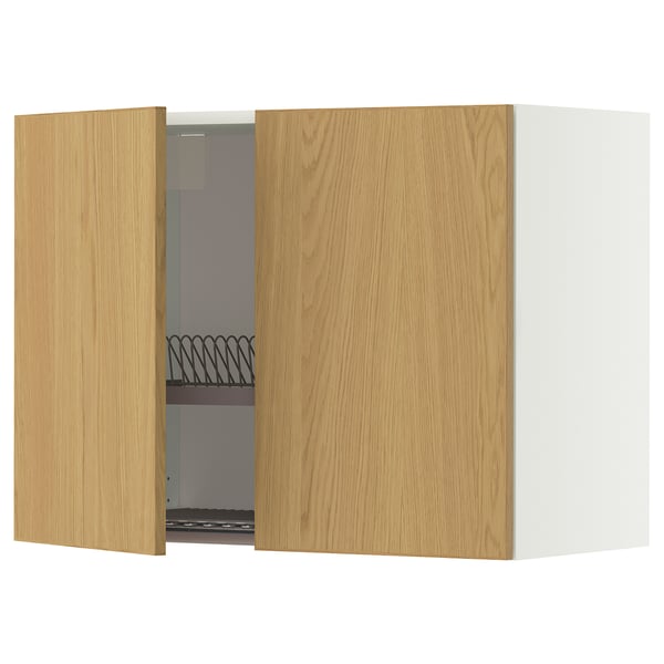 METOD wall cabinet w dish drainer/2 doors, white/Sinarp oak veneer, 80x60 cm