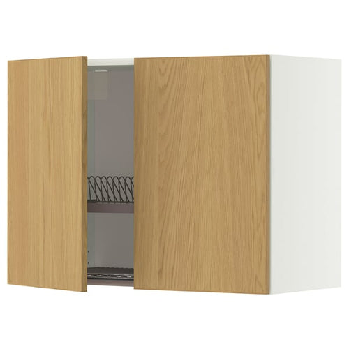 METOD wall cabinet w dish drainer/2 doors, white/Sinarp oak veneer, 80x60 cm
